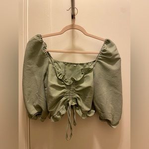 Green Ruched Crop Top with Ruffles